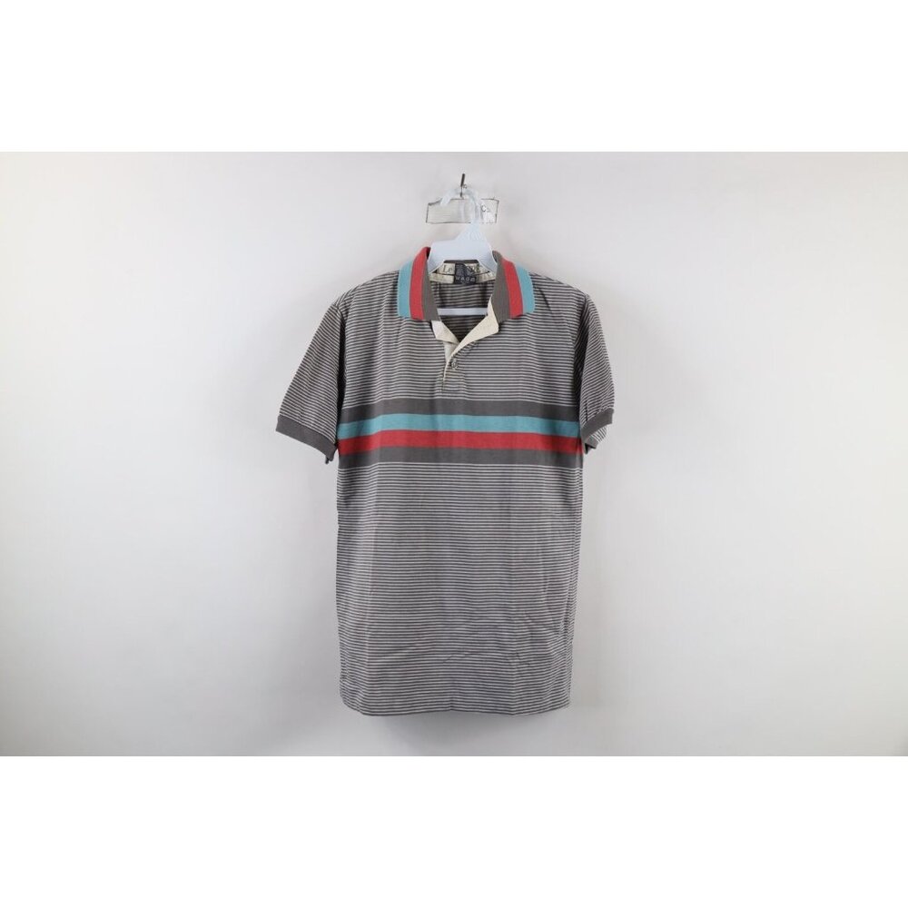 Vintage 80s Le Tigre Mens Medium Striped Color Block Knit Collared Golf Polo USA